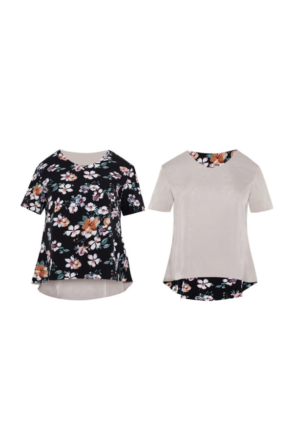 Reversible Basic Blouse II with black floral prints and solid beige