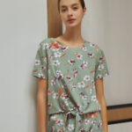 Reversible Tie-Waist Blouse with green floral prints and light green