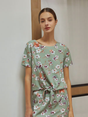 Reversible Tie-Waist Blouse with green floral prints and light green