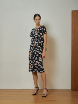 Reversible Midi Pencil Skirt with black floral prints and black