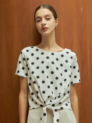 Reversible Tie-Waist Blouse with bw polka dots and solid beige