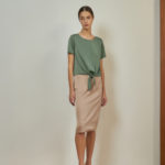 Reversible Midi Pencil Skirt with green floral prints and pink nude (reverse side)