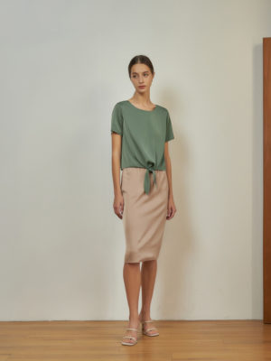 Reversible Midi Pencil Skirt with green floral prints and pink nude (reverse side)