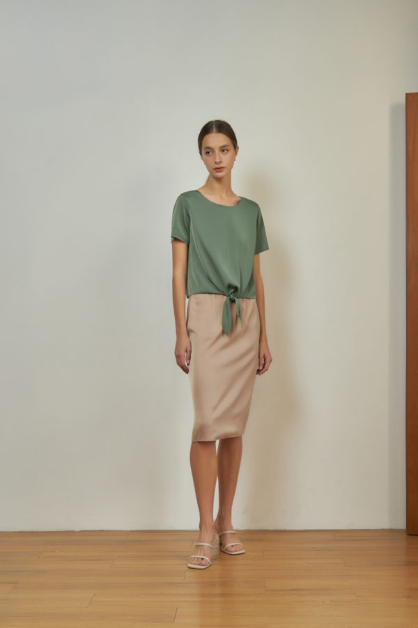 Reversible Midi Pencil Skirt with green floral prints and pink nude (reverse side)