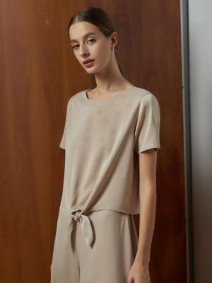 Reversible Tie-Waist Blouse with bw polka dots and solid beige (reverse side)
