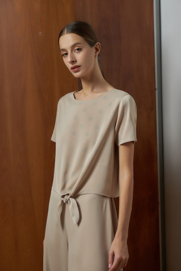 Reversible Tie-Waist Blouse with bw polka dots and solid beige (reverse side)