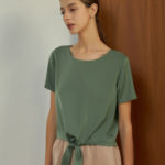 Reversible Tie-Waist Blouse with green floral prints and light green (reverse side)