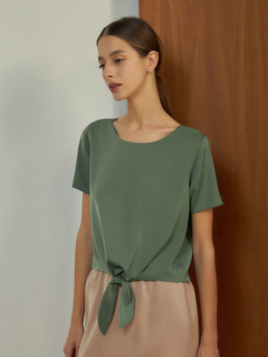 Reversible Tie-Waist Blouse with green floral prints and light green (reverse side)