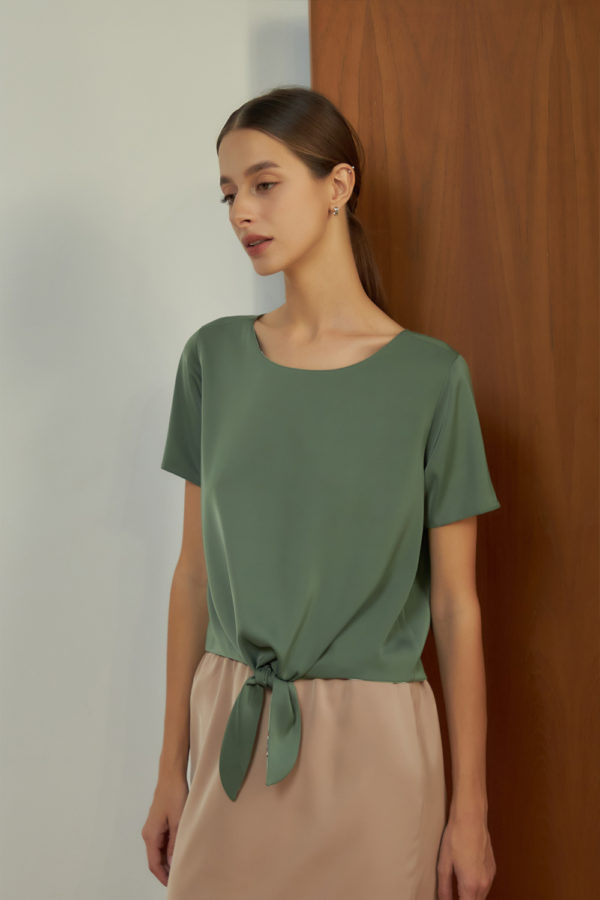 Reversible Tie-Waist Blouse with green floral prints and light green (reverse side)