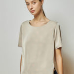 Reversible Basic Blouse I with navy polka dots and solid beige (reverse side)