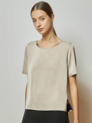 Reversible Basic Blouse I with navy polka dots and solid beige (reverse side)