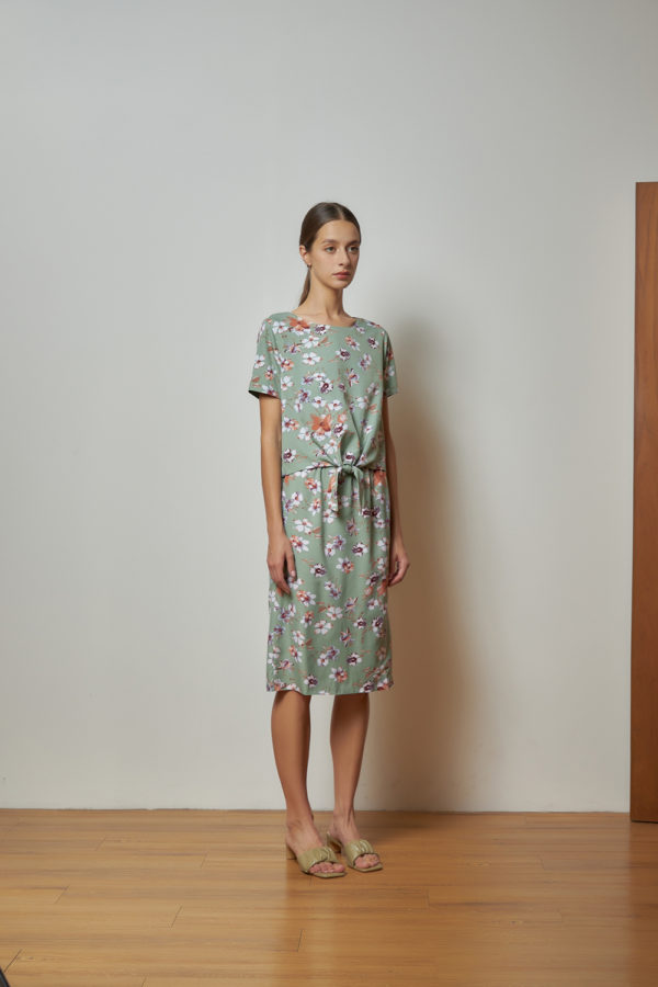 Reversible Tie-Waist Blouse with green floral prints and light green (reverse side)