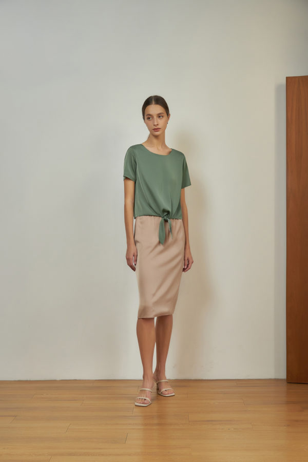 Reversible Tie-Waist Blouse with green floral prints and light green (reverse side)