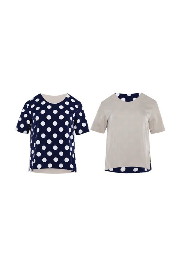 Reversible Basic Blouse I with navy polka dots and solid beige