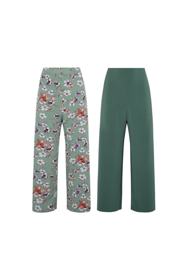 Reversible Signature Pants with green floral prints and light green