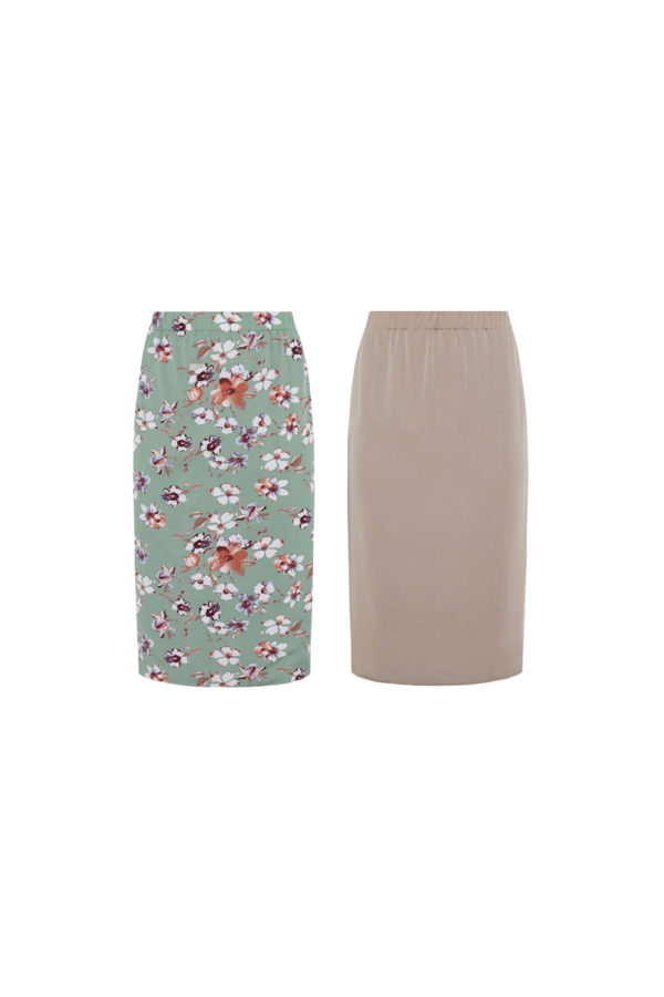 Reversible Midi Pencil Skirt with green floral prints and pink nude
