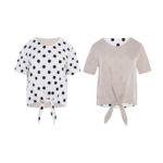 Reversible Tie-Waist Blouse with bw polka dots and solid beige (reverse side)