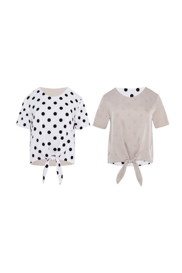 Reversible Tie-Waist Blouse with bw polka dots and solid beige (reverse side)