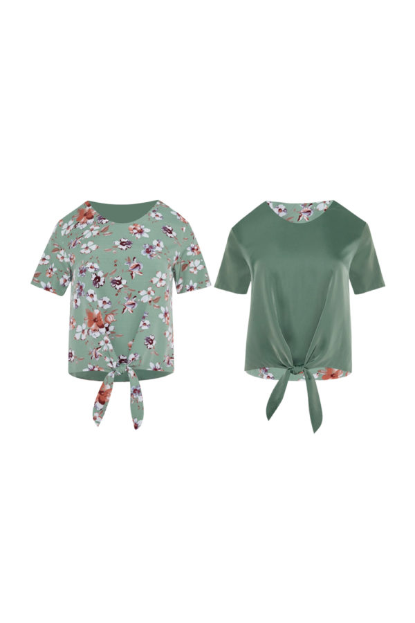 Reversible Tie-Waist Blouse with green floral prints and light green (reverse side)