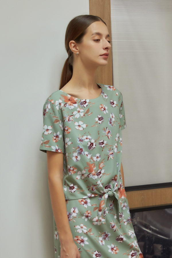Reversible Tie-Waist Blouse with green floral prints and light green (reverse side)