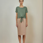 Reversible Midi Pencil Skirt with green floral prints and pink nude