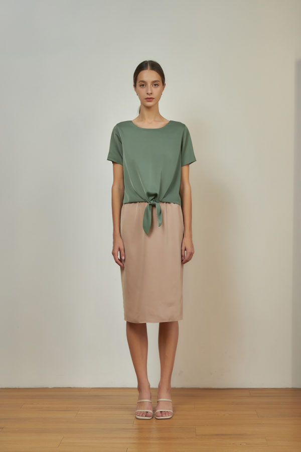 Reversible Midi Pencil Skirt with green floral prints and pink nude