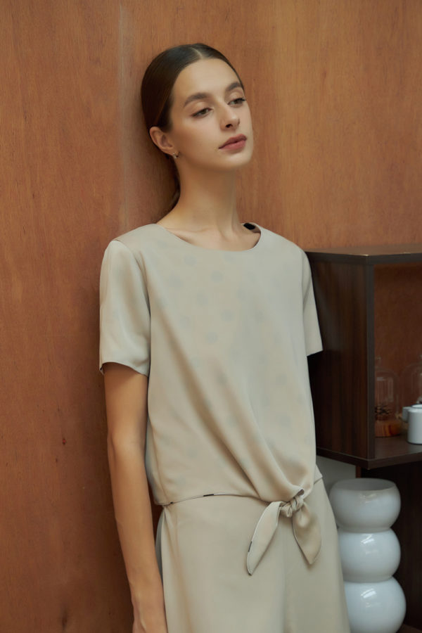 Reversible Tie-Waist Blouse with bw polka dots and solid beige (reverse side)