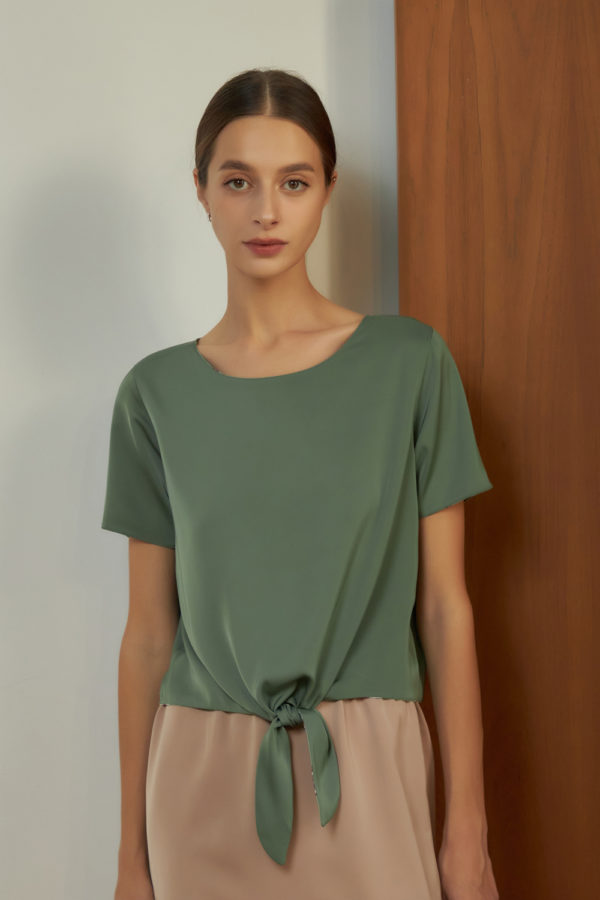 Reversible Tie-Waist Blouse with green floral prints and light green (reverse side)