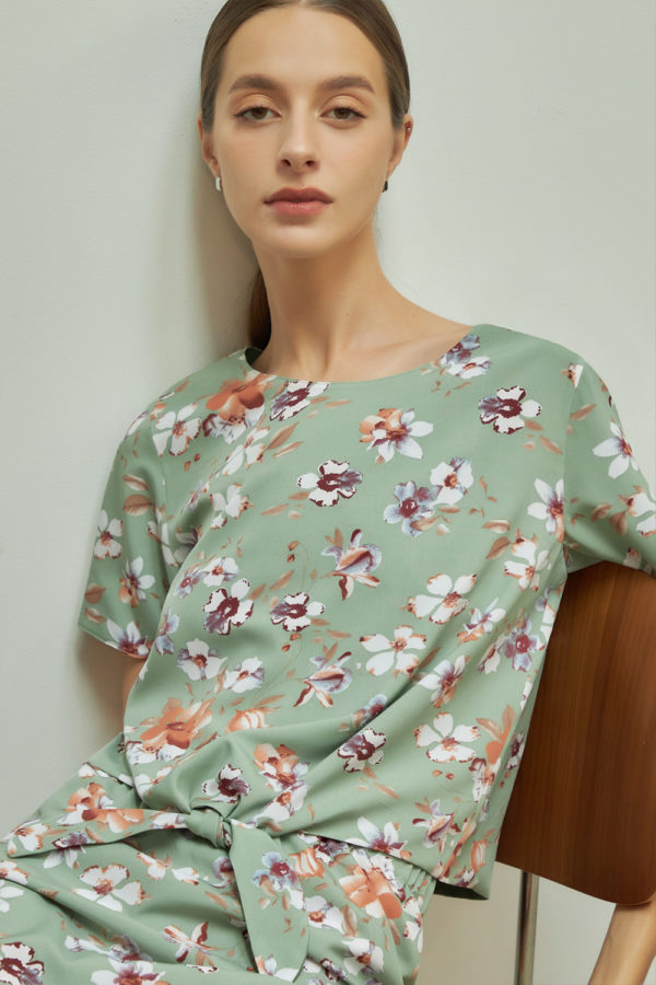 Reversible Tie-Waist Blouse with green floral prints and light green (reverse side)