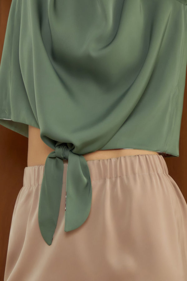 Reversible Midi Pencil Skirt with green floral prints and pink nude