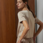 Reversible Tie-Waist Blouse with bw polka dots and solid beige (reverse side)