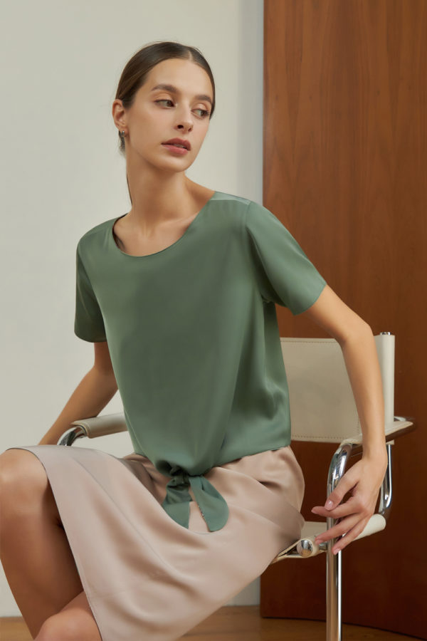 Reversible Tie-Waist Blouse with green floral prints and light green (reverse side)