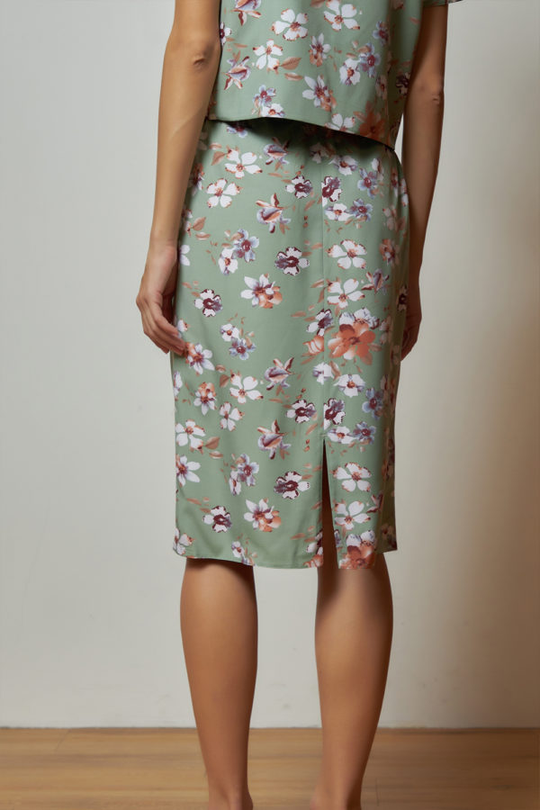 Reversible Midi Pencil Skirt with green floral prints and pink nude