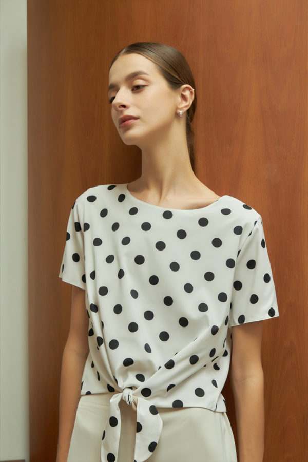Reversible Tie-Waist Blouse with bw polka dots and solid beige (reverse side)