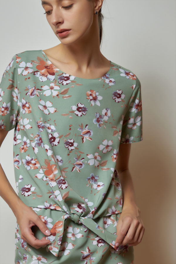 Reversible Tie-Waist Blouse with green floral prints and light green (reverse side)