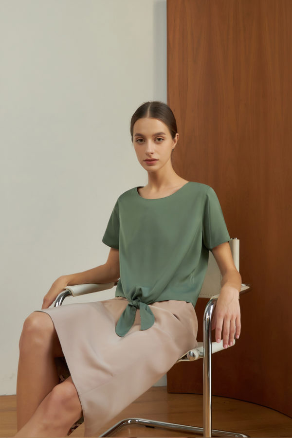 Reversible Midi Pencil Skirt with green floral prints and pink nude