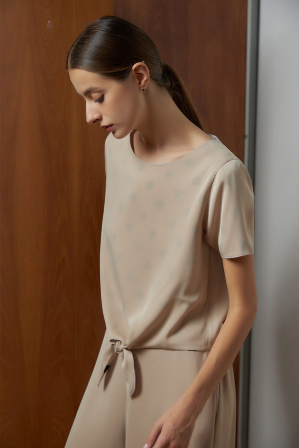 Reversible Tie-Waist Blouse with bw polka dots and solid beige (reverse side)