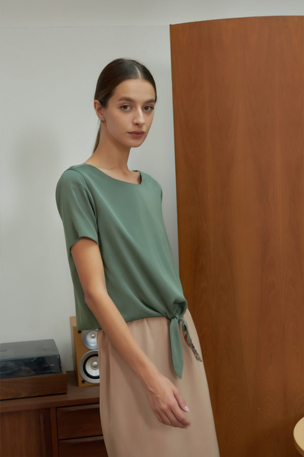 Reversible Tie-Waist Blouse with green floral prints and light green (reverse side)