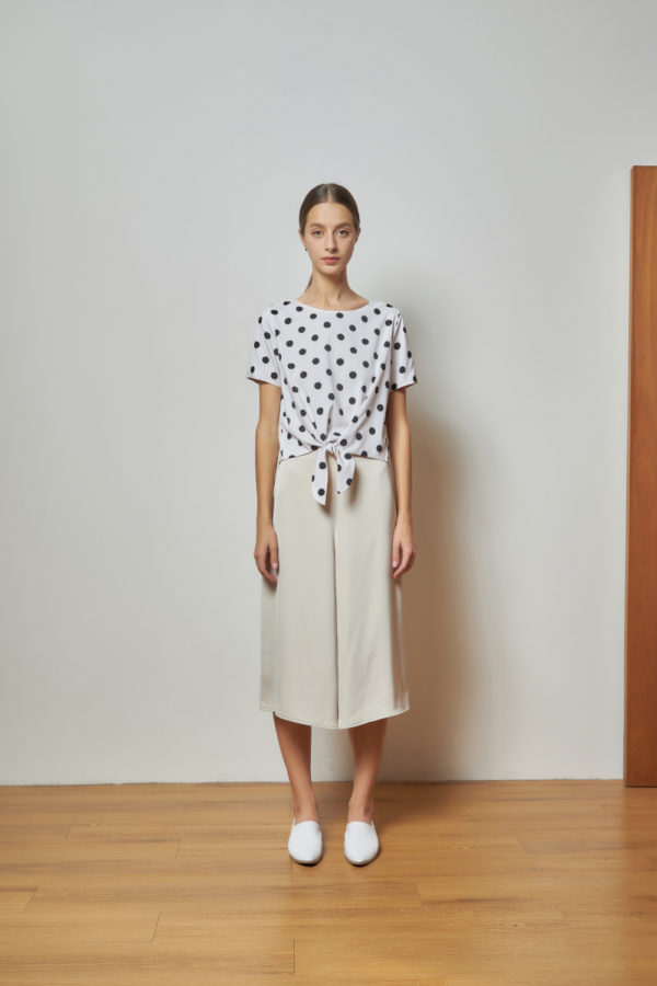 Reversible Tie-Waist Blouse with bw polka dots and solid beige (reverse side)