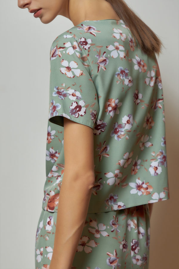 Reversible Tie-Waist Blouse with green floral prints and light green (reverse side)